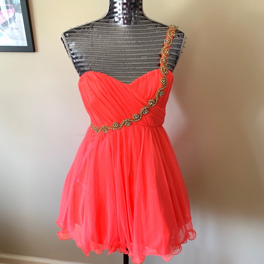 One Shoulder Rhinestone Neon Pink Dress
